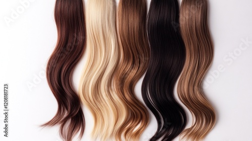 Hair extensions color swatches, wavy style, white background, hair salon