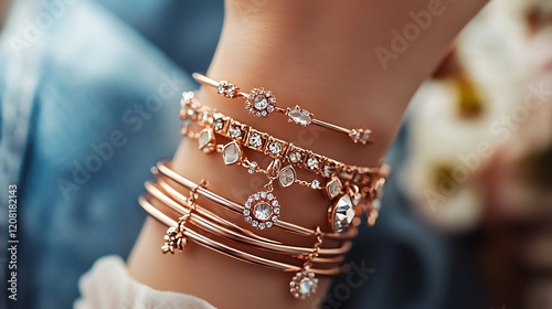 A woman is wearing a stack of bracelets with a variety of charms