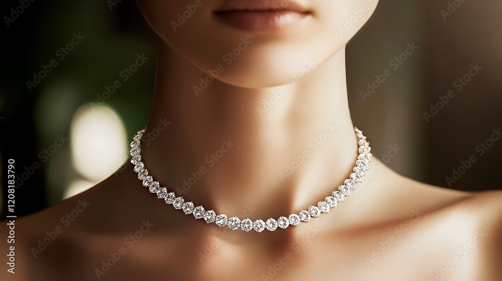 A woman is wearing a necklace with diamonds A woman is wearing a necklace with diamonds