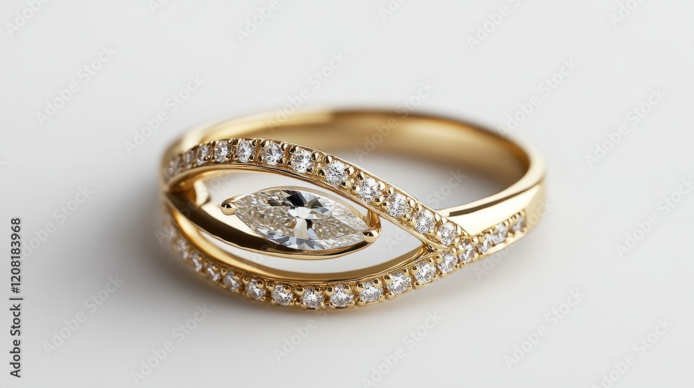 Double band ring design with an open space between them, with a marquise diamond on one band and a pave setting. generative ai Double band ring design with an open space between them, with a marquise diamond on one band and a pave setting. generative ai