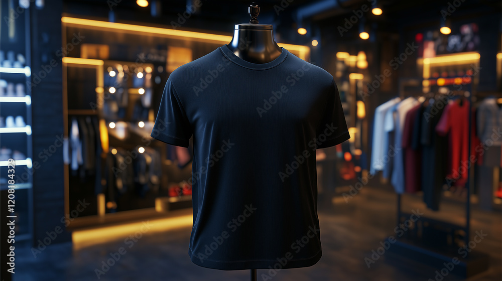 Mockup of a black zippered t-shirt in a shop, displayed on a mannequin, background of neat clothing racks and warm shop lighting, front view. AI generated images. Mockup of a black zippered t-shirt in a shop, displayed on a mannequin, background of neat clothing racks and warm shop lighting, front view. AI generated images.