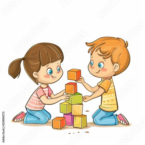 Two children are building a tower with blocks