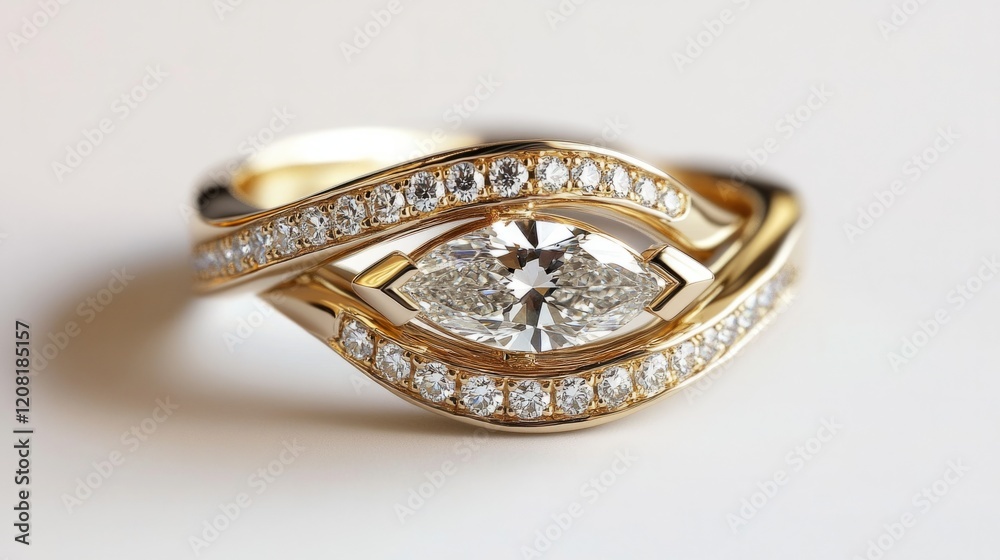 Double band ring design with an open space between them, with a marquise diamond on one band and a pave setting. generative ai Double band ring design with an open space between them, with a marquise diamond on one band and a pave setting. generative ai