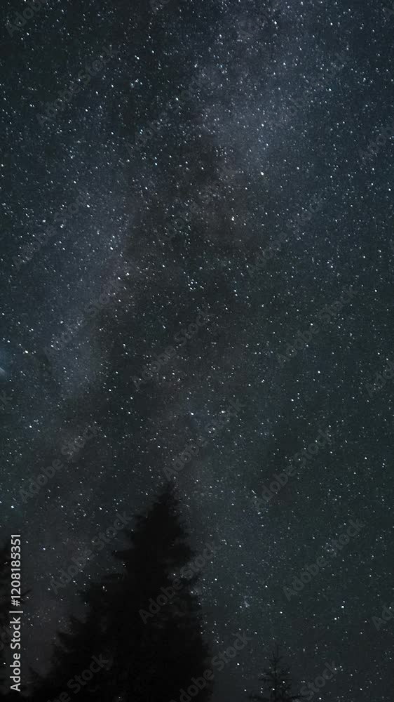 Time lapse of The Milky Way galaxy moves above the silhouettes of trees. Starry night background. Epic video, vertical footage Time lapse of The Milky Way galaxy moves above the silhouettes of trees. Starry night background. Epic video, vertical footage