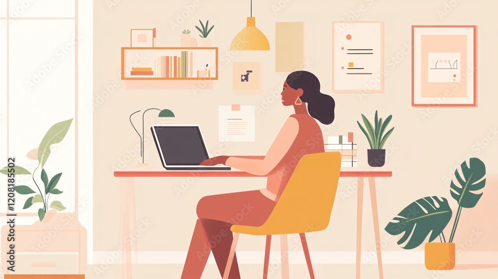 A woman of African descent working on her laptop in a cozy, modern home office filled with plants. A woman of African descent working on her laptop in a cozy, modern home office filled with plants.