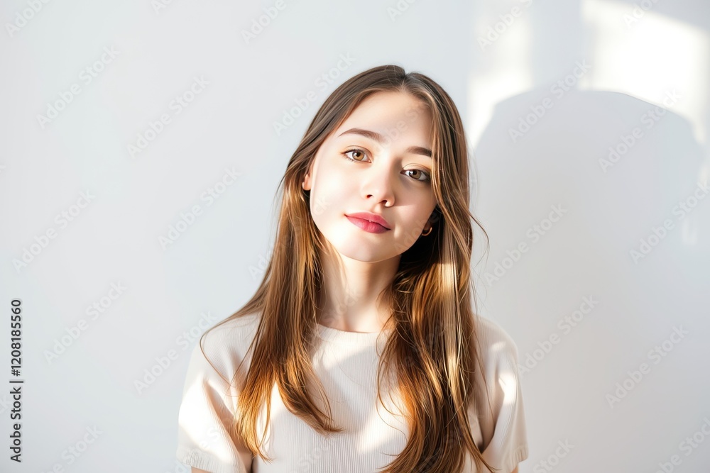 Fototapeta premium A college girl stands thoughtfully against a soft white backdrop, her confident gaze and gentle smile radiating positivity as she embraces her future and dreams