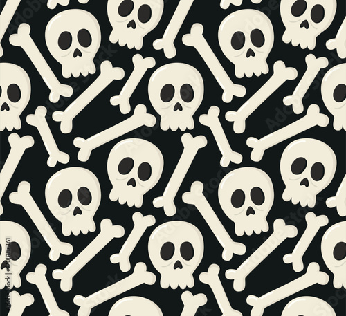 Seamless background with funny skulls and bones. Spooky pattern for Halloween on black backdrop