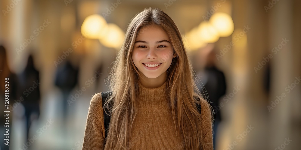 Fototapeta premium A college student stands proudly in a bustling university corridor, celebrating Women's Day