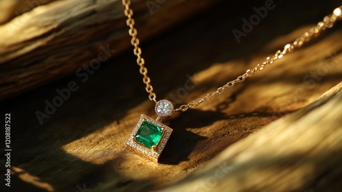 Double layer necklace with a small diamond disc on the first layer and a rectangular emerald pendant. generative ai