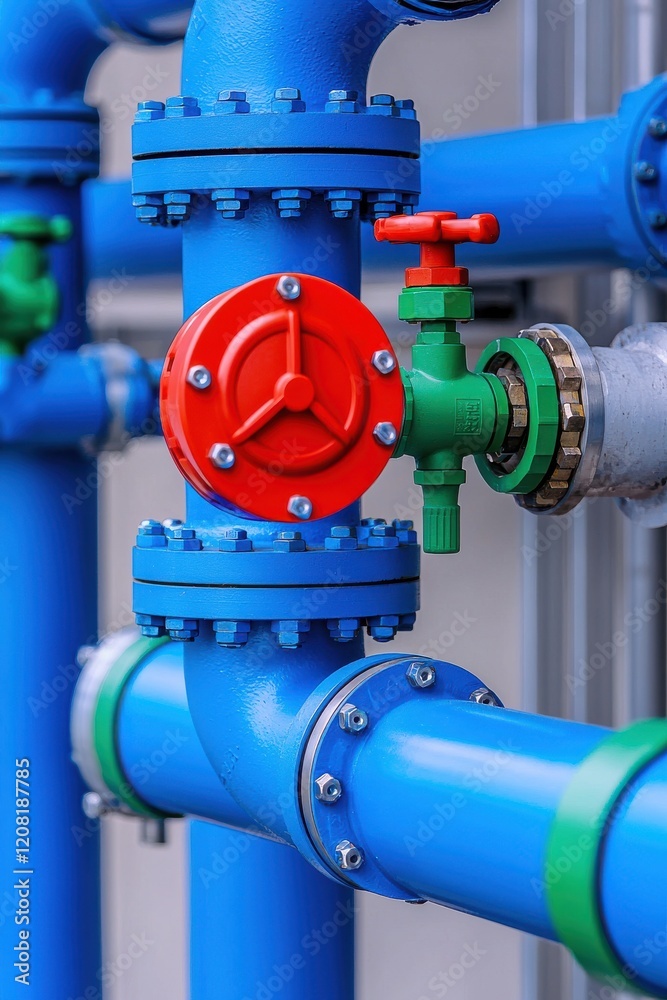 Colorful pipes with a red valve and green fittings, showcasing industrial plumbing in a modern setting. Colorful pipes with a red valve and green fittings, showcasing industrial plumbing in a modern setting.