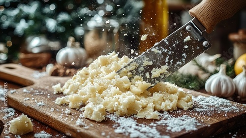 Christmas food prep, knife cuts mashed potatoes, kitchen background, festive scene photo