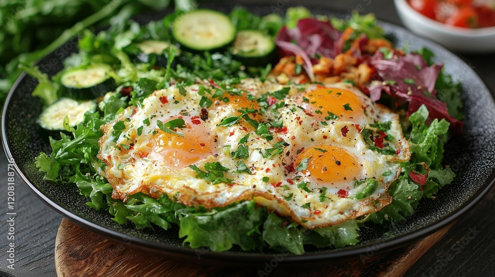 Delicious Fried Eggs with Salad and Zucchini Delicious Fried Eggs with Salad and Zucchini
