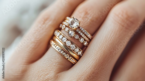 A woman's hand is holding a gold and diamond ring with a diamond band