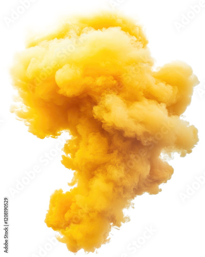 Thick yellow smoke billows against a white isolated background creating a dramatic effect photo