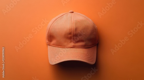 Flat Lay of Blank Orange Denim Cap on Vibrant Orange Backdrop Showcasing Casual Fashion and Contemporary Style Elements photo