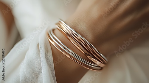 A woman is wearing a bracelet with many different colored bands