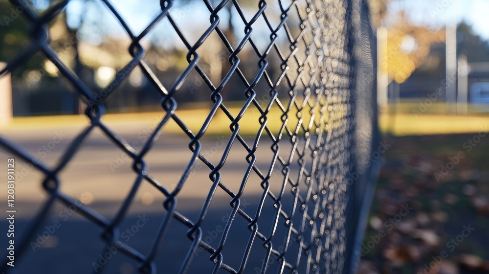 New steel wire mesh fence enclosing a basketball court with blurred background in a serene outdoor setting during autumn. New steel wire mesh fence enclosing a basketball court with blurred background in a serene outdoor setting during autumn.