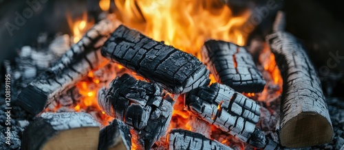 Burning Black Charcoal and Hardwood Logs in Bonfire with Glowing Flames and Copyspace for Text photo