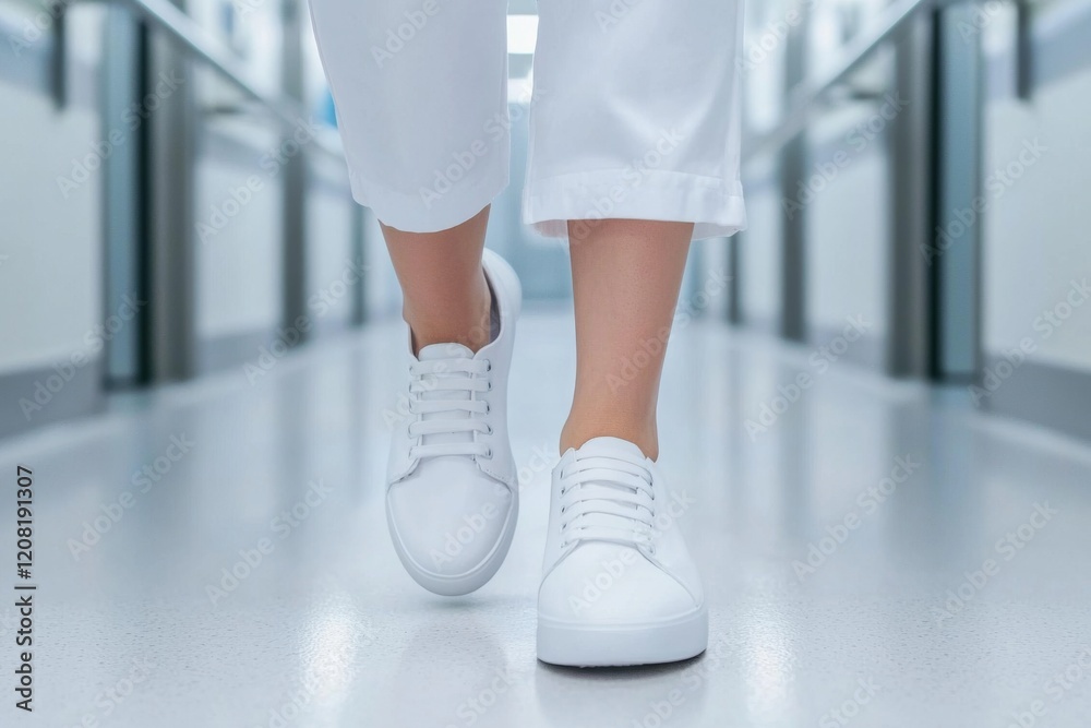 A person walks in white shoes along a clean, bright corridor, highlighting a sense of cleanliness and professionalism. A person walks in white shoes along a clean, bright corridor, highlighting a sense of cleanliness and professionalism.