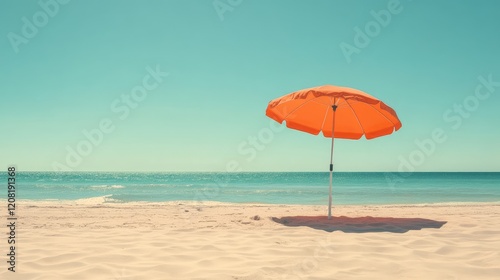 Vivid orange beach umbrella shielding sun loungers on a serene sandy shore under a clear blue sky beside tranquil turquoise water