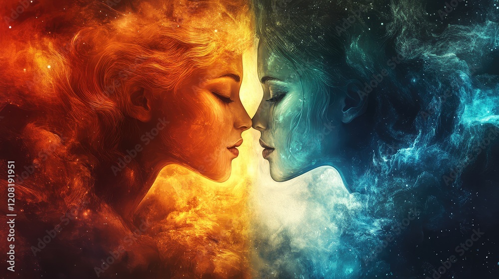 Narcissist and Empath Conceptual Illustration with Fiery Orange and Cool Blue Tones Against a Dark Cosmic Background, Close-Up Profile View Narcissist and Empath Conceptual Illustration with Fiery Orange and Cool Blue Tones Against a Dark Cosmic Background, Close-Up Profile View