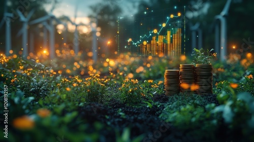 Renewable energy and growth concept with wind turbines, coin stacks, and graph display in a vibrant field
