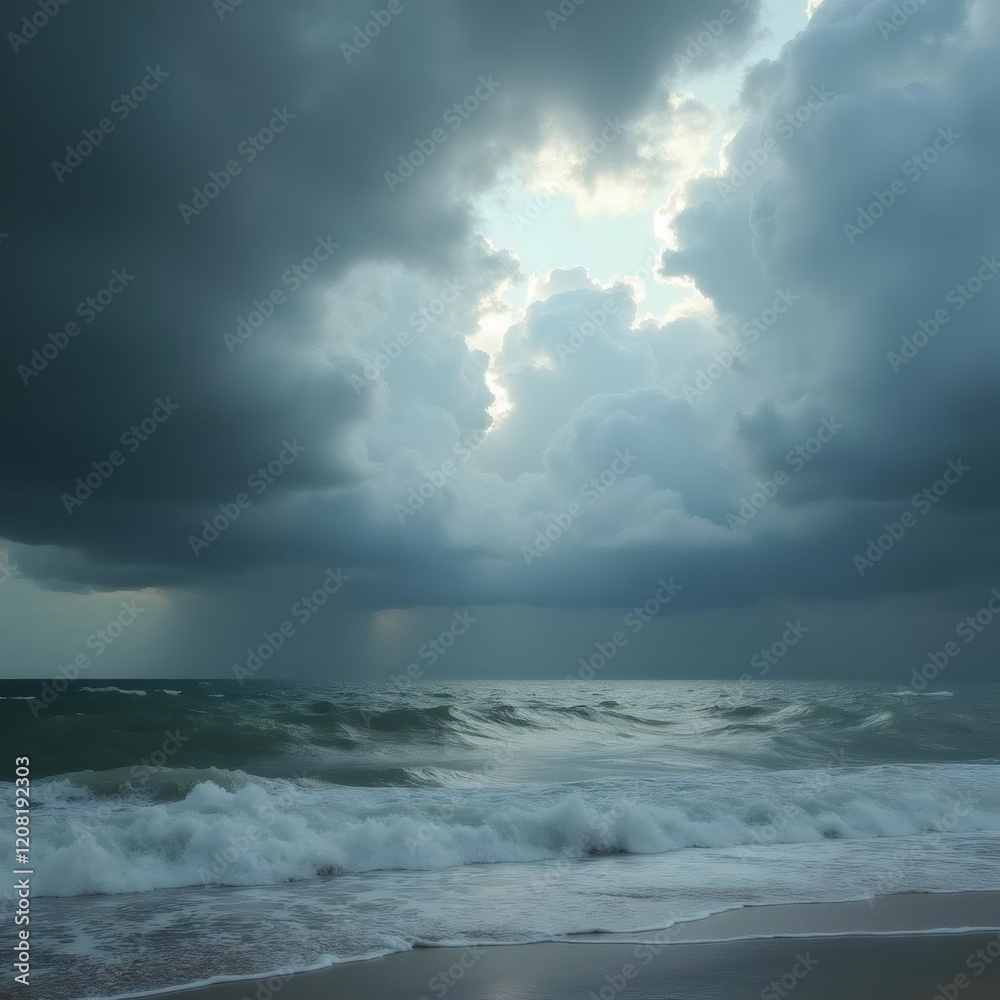 Fototapeta premium Dramatic storm clouds part to reveal light over a rough ocean and beach