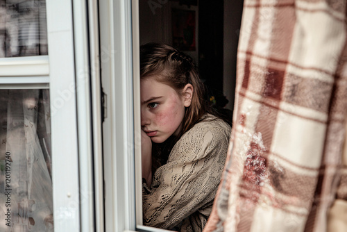 withdrawn teenage girl looking through window, reflection shows domestic tension photo