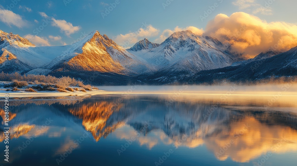 Fototapeta premium Majestic winter landscape with golden sunrise illuminating snow-covered mountains reflected in tranquil lake waters
