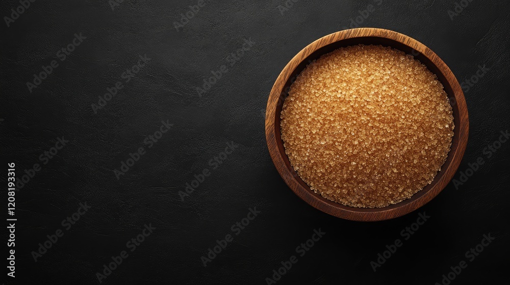 Granulated brown sugar in a wooden bowl on a dark background Healthy and unhealthy food concept Top view with space for text and content Granulated brown sugar in a wooden bowl on a dark background Healthy and unhealthy food concept Top view with space for text and content