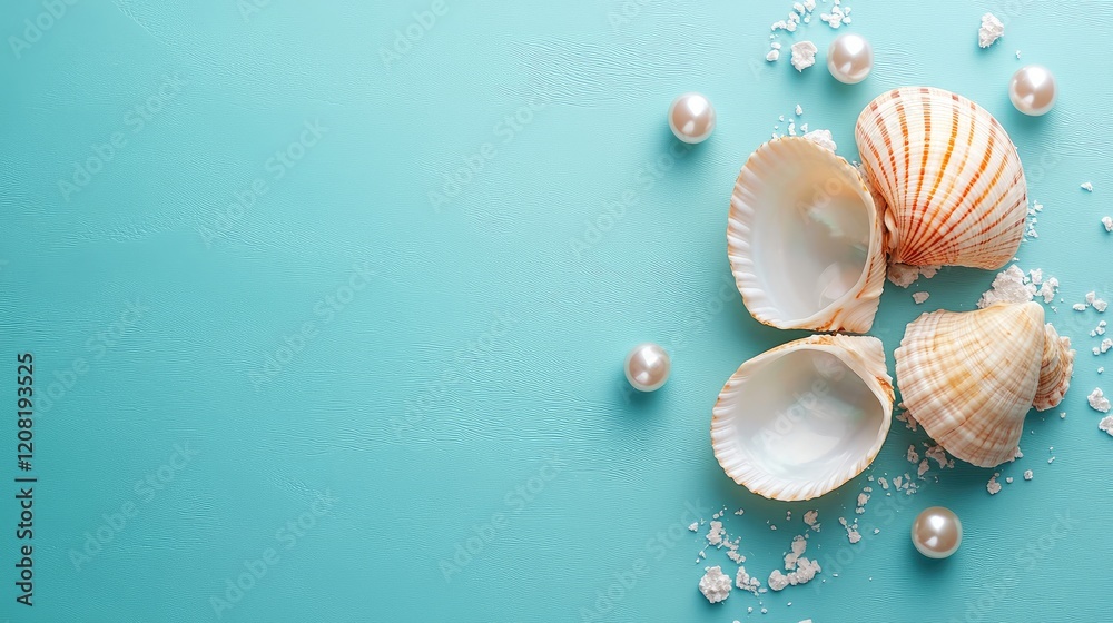Open seashells with pearls arranged on a serene blue background showcasing beauty and elegance with ample copy space for text or branding. Open seashells with pearls arranged on a serene blue background showcasing beauty and elegance with ample copy space for text or branding.