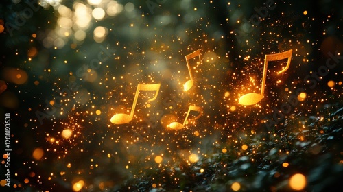 Enchanting music notes in magical forest with glowing particles