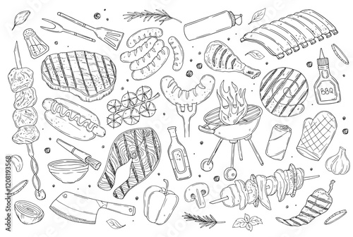 BBQ party outline icons set, barbecue, grill or picnic. Grilled salmon, sausage, vegetables, meat steak and shrimp drawing monochrome illustration. Hand drawn barbecue tools.