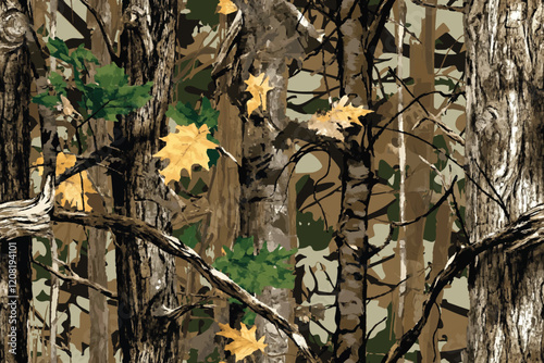 Realistic forest camouflage. Seamless pattern.  Hunting camo texture. Abstract camouflage. Trees, branches, green and brown oak leaves. Useable for hunting and military purposes.