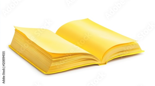 Open book with vibrant yellow pages displaying a minimalist design on a clean white background for educational or artistic themes