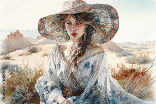 A model posing in a desert landscape, wearing a flowy boho dress with intricate embroidery and a wide-brimmed sunhat.., watercolor style, Generative AI photo