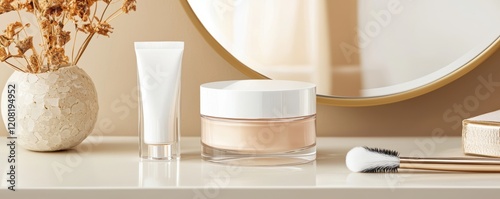 A serene vanity setup featuring skincare products, a decorative vase, and a mirror, all in warm, neutral tones for a calming aesthetic.