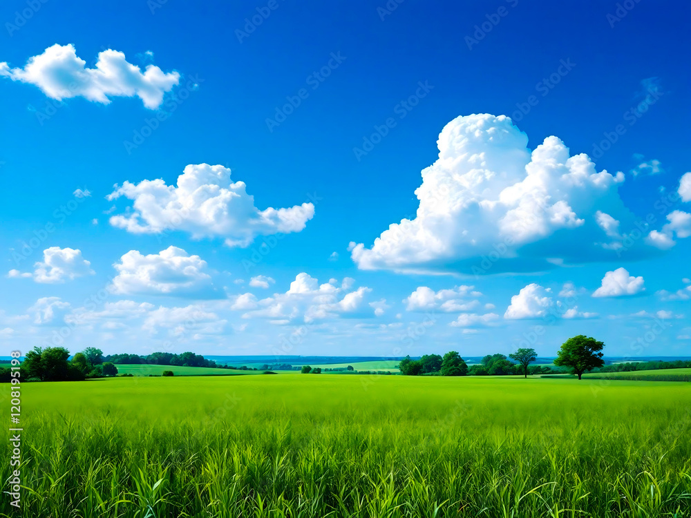 Obraz premium A green field with trees and blue sky