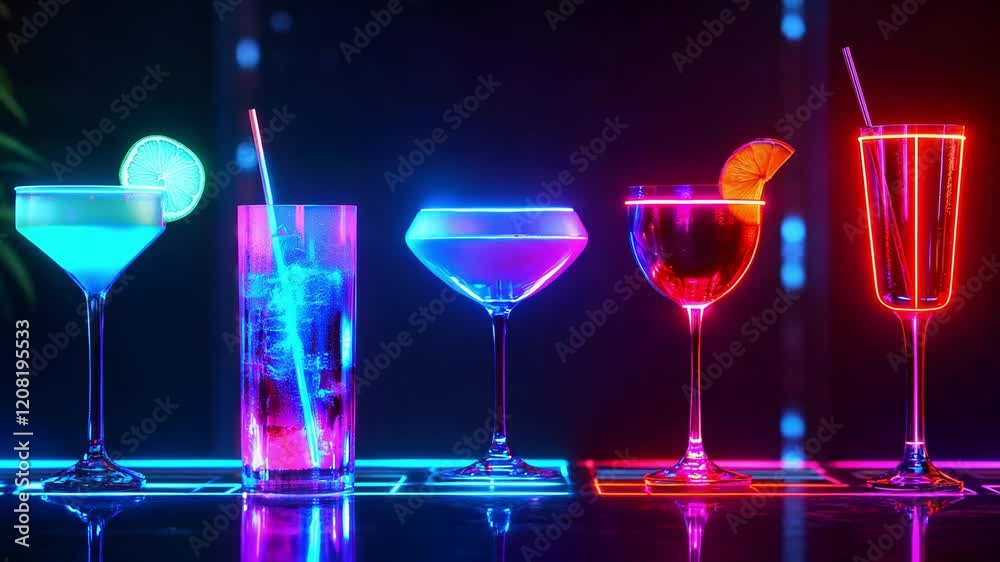 Five striking alcohol cocktails with luminous colors stand elegantly on a bar counter illuminated by neon lights, creating a vibrant nighttime atmosphere