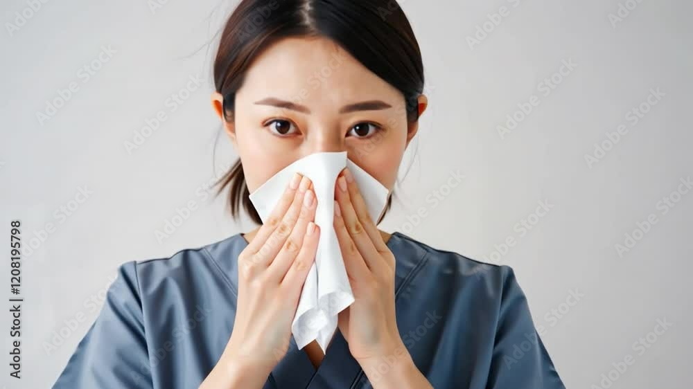 Woman blowing her nose: A young woman in scrubs gently blows her nose using a tissue, expressing discomfort and potential illness. The image portrays a moment of vulnerability and the need for care. Woman blowing her nose: A young woman in scrubs gently blows her nose using a tissue, expressing discomfort and potential illness. The image portrays a moment of vulnerability and the need for care.