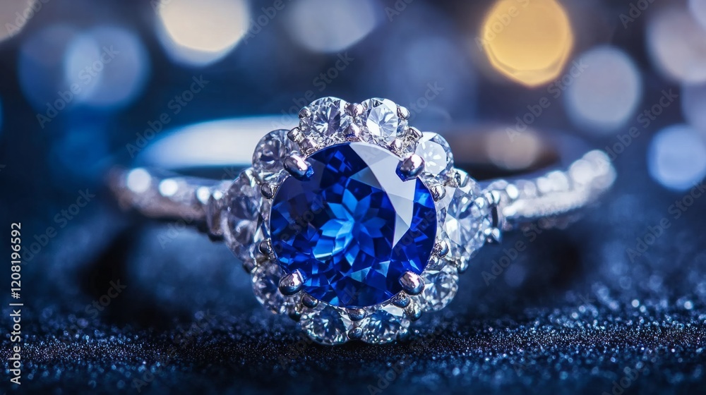 Elegant ring design with a 2 carat blue sapphire center stone, surrounded by small round diamonds, platinum band. generative ai Elegant ring design with a 2 carat blue sapphire center stone, surrounded by small round diamonds, platinum band. generative ai