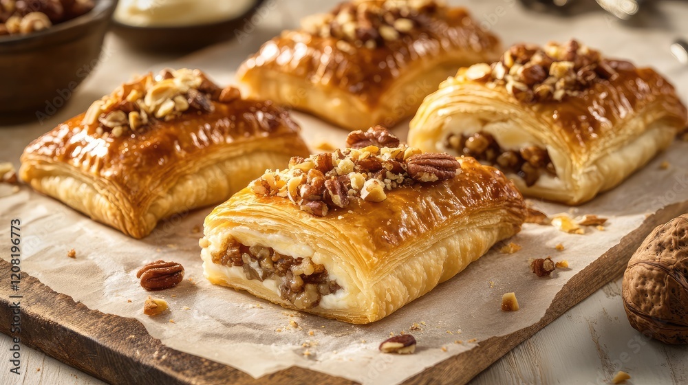 Golden Pastries Filled with Nut Mixture and Creamy Custard, Garnished with Chopped Nuts on Rustic Wooden Board Golden Pastries Filled with Nut Mixture and Creamy Custard, Garnished with Chopped Nuts on Rustic Wooden Board