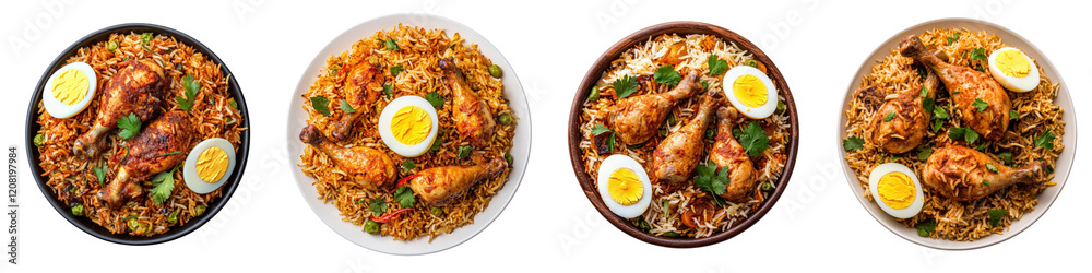 A vibrant assortment of rice dishes featuring chicken, eggs, and garnishes, presented in multiple bowls. A vibrant assortment of rice dishes featuring chicken, eggs, and garnishes, presented in multiple bowls.