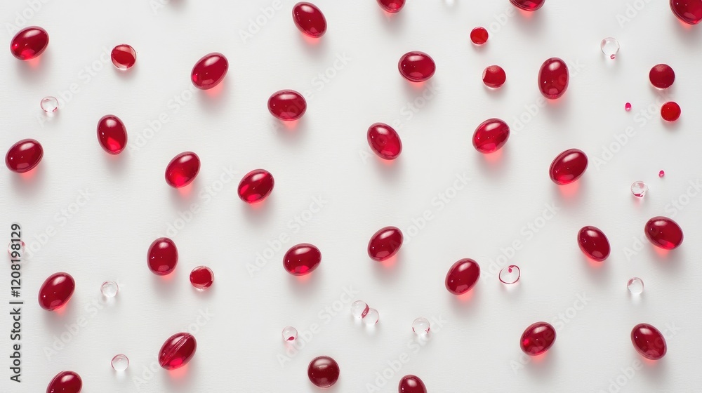 Red Gel Capsules Spread on White Surface with Clear Liquid Droplets for Pharmaceutical or Health Related Concepts Red Gel Capsules Spread on White Surface with Clear Liquid Droplets for Pharmaceutical or Health Related Concepts