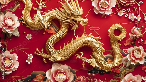 Chinese New Year wallpaper with elegant gold highlights and traditional symbolic designs  .