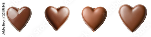 Four chocolate heart shapes arranged in a row, showcasing a glossy finish and rich brown color.