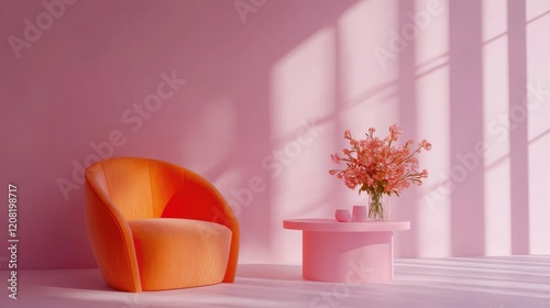 Scandinavian interior design featuring an orange armchair beside a pink coffee table with flowers in a modern living room with soft pink hues and natural light. photo