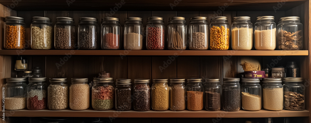 Organized pantry shelf displaying various jars filled with grains, legumes, and spices for an efficient kitchen setup Organized pantry shelf displaying various jars filled with grains, legumes, and spices for an efficient kitchen setup