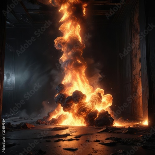 an intense blazing inferno erupts in the darkness of the black room, incendiary event, fiery chaos, erupting flames