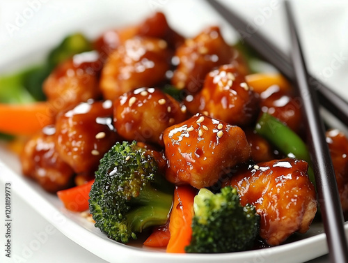 Macro shot of chicken wok dish with colorful vegetables and soy sauce, styled for food photography. photo